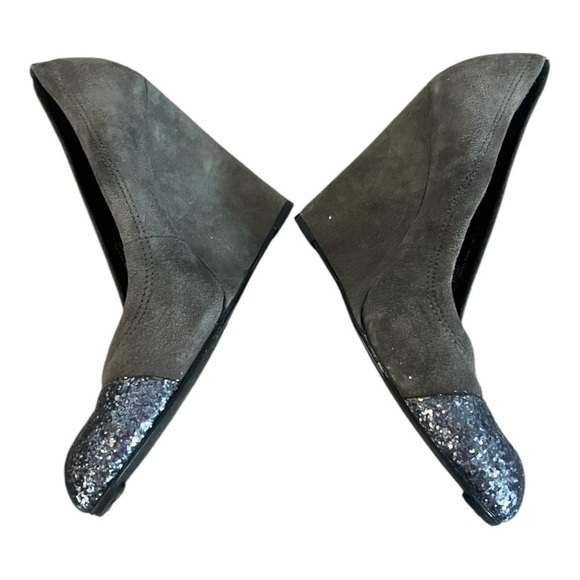 Tory Burch Wedge 8.5 Gray Wedge Sparkle Toe Women's Leather Suede - Picture 4 of 8